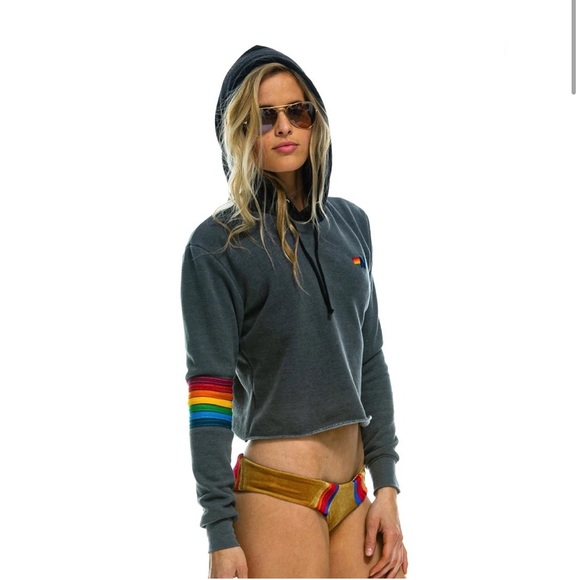 Aviator Nation Tops - Aviator Nation Rainbow Stitch Pullover Crop Hoodie